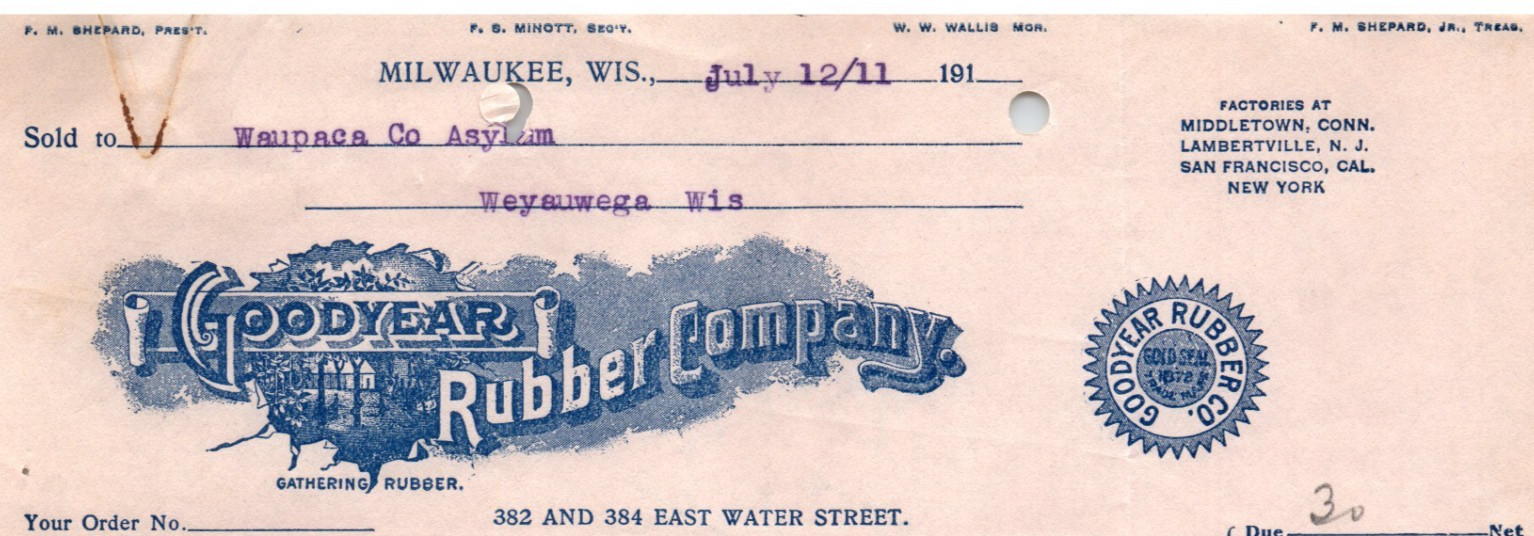 1911 MILWAUKEE WIS GOODYEAR RUBBER COMPANY WAUPACA ASYLUM INVOICE BILLHEAD Z7787