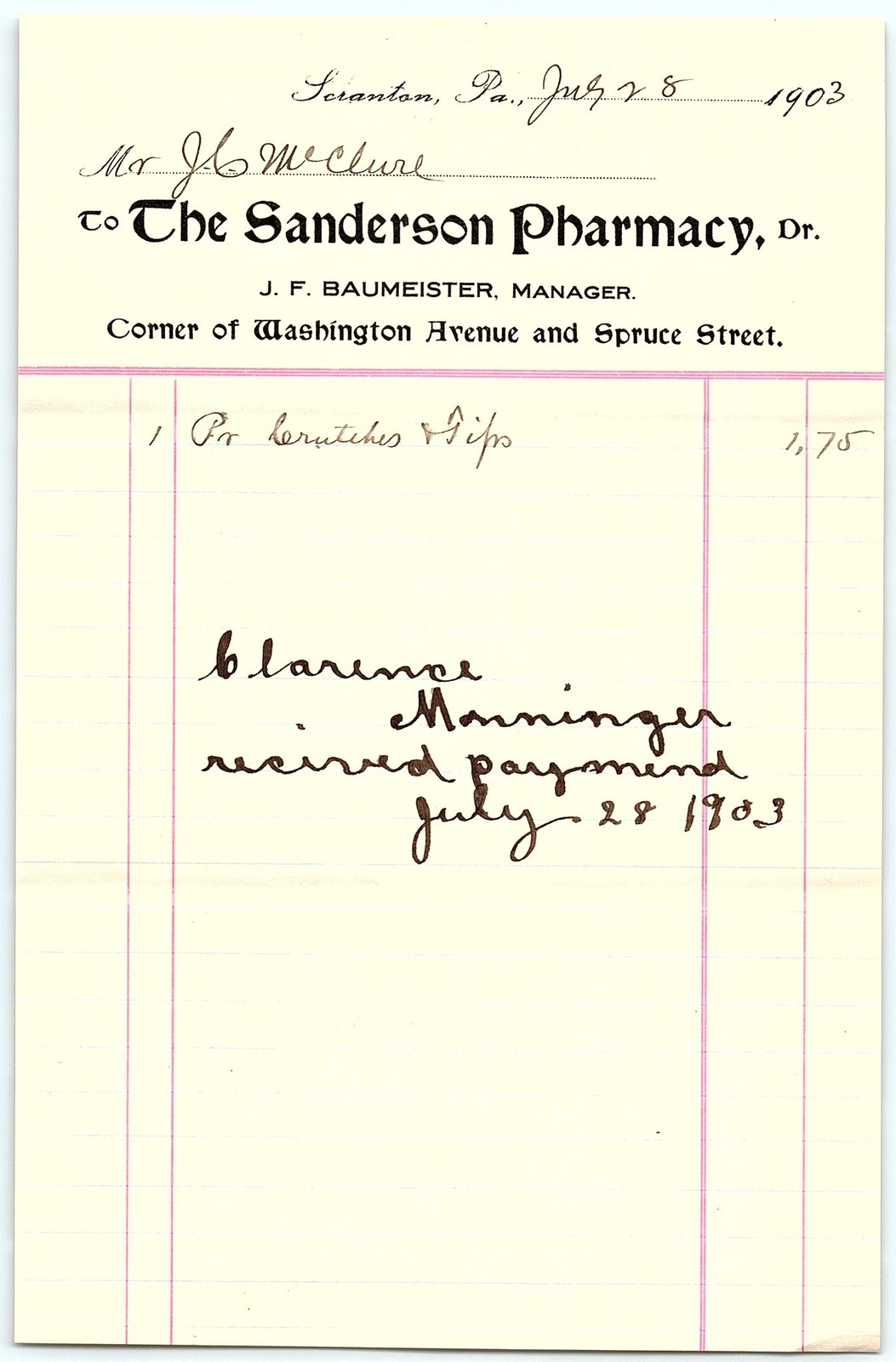 Vintage 1903 Scranton PA Pharmacy Paid Billhead