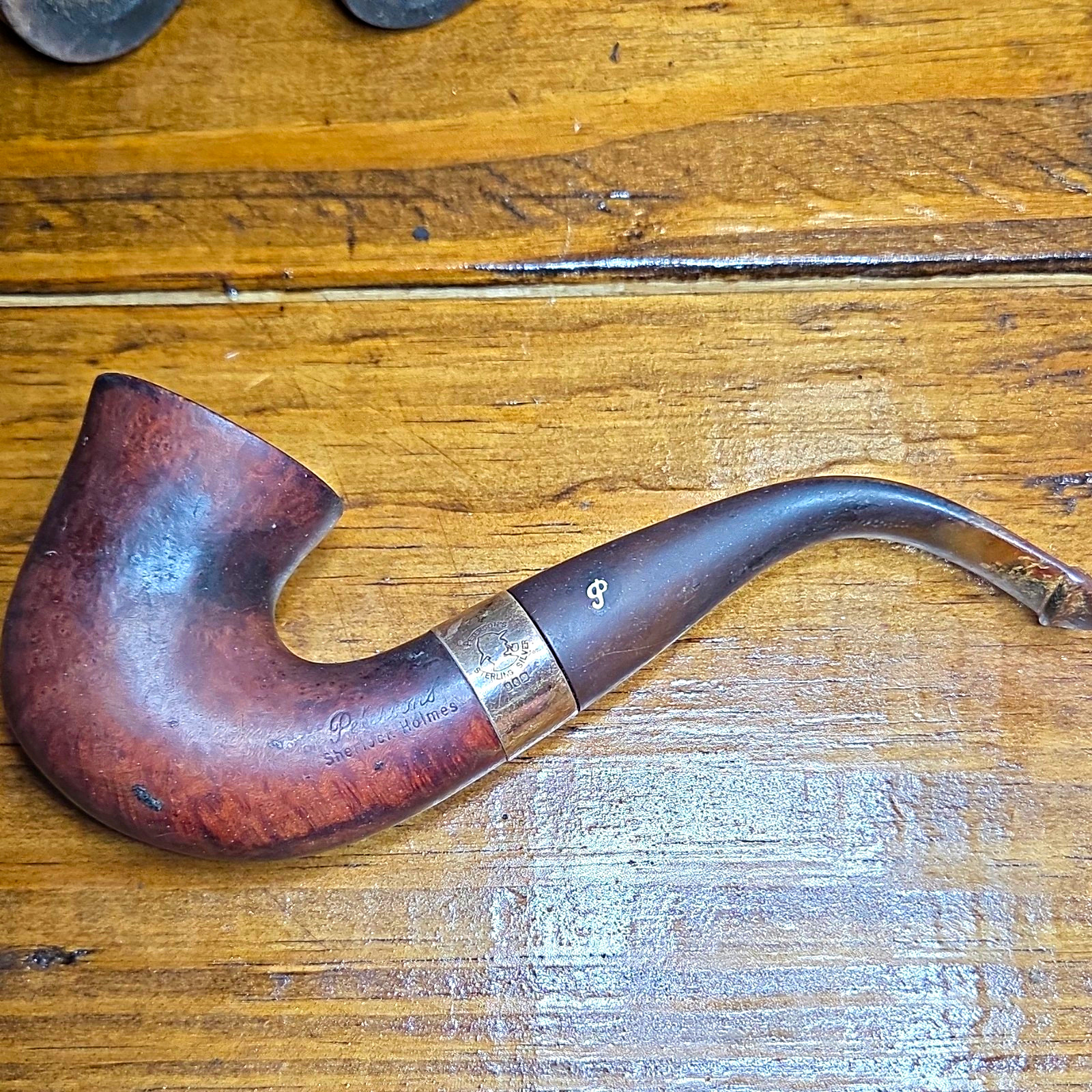 Peterson\'s Sherlock Holmes Bent Tobacco Pipe, Sterling Silver Band Brown/Silver