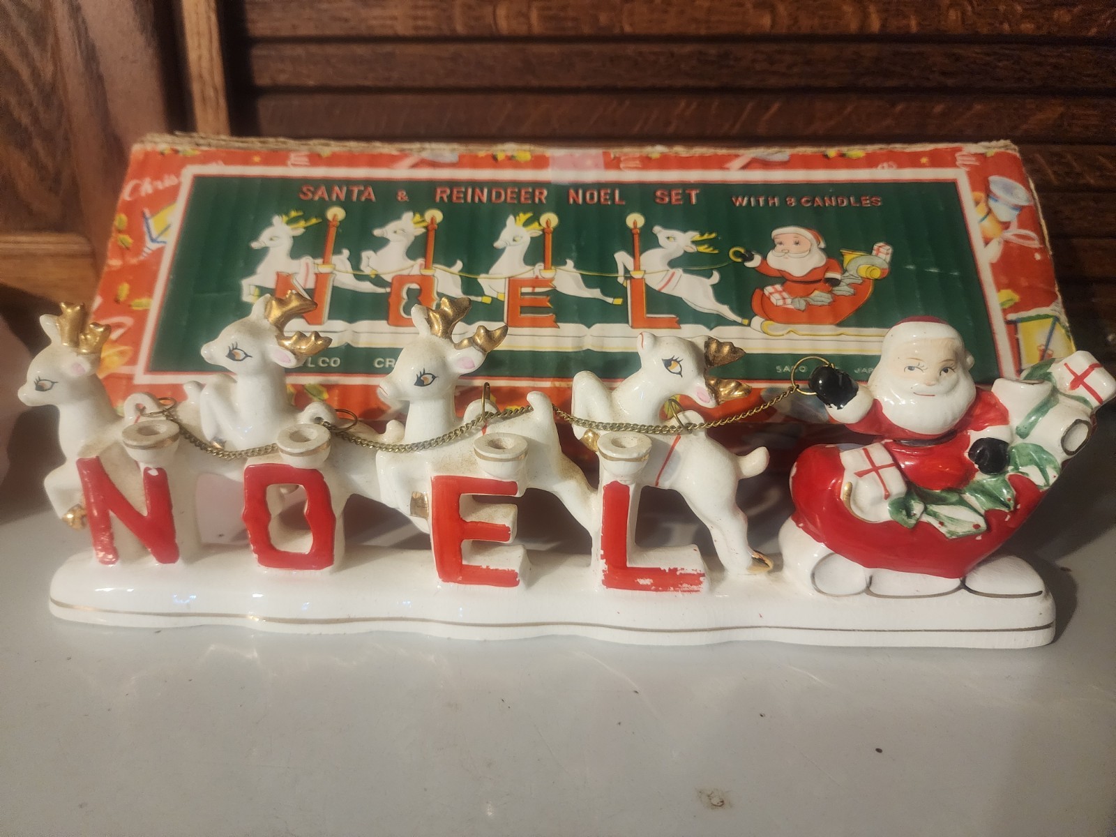 Vintage RELCO Japan NOEL Santa Sleigh Reindeer Christmas Candle Holder 