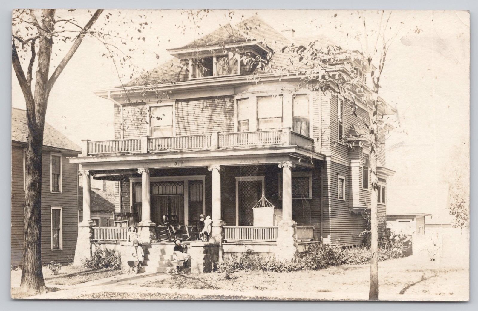 RPPC Kids on the Porch of a Colonial Revival American Foursquare Style House