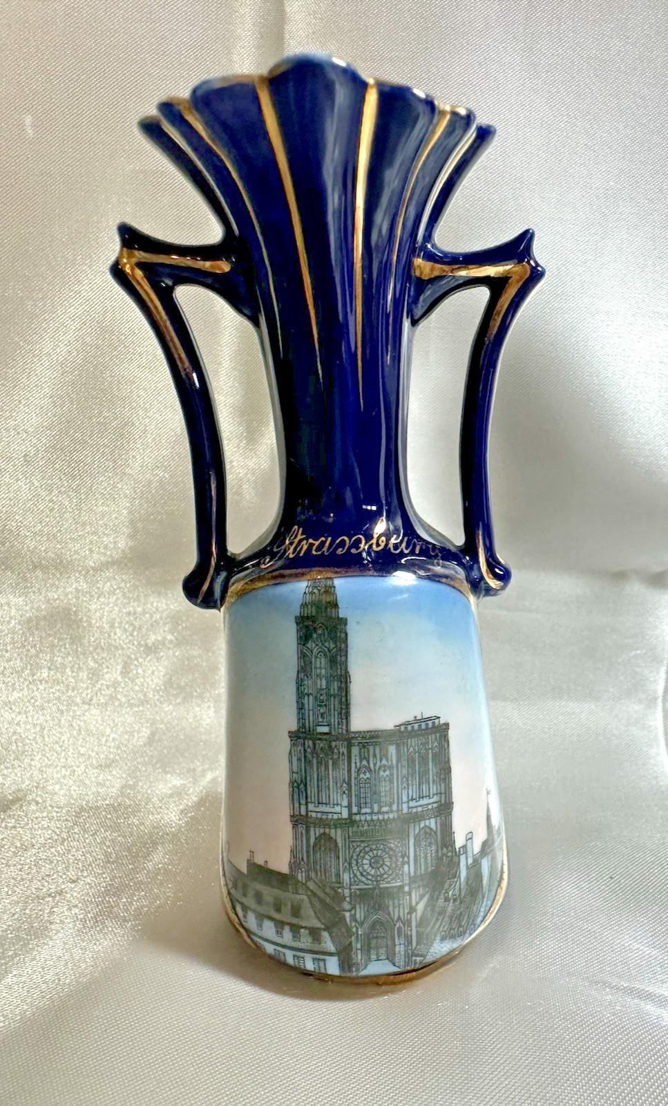 Antique Dresden Cobalt Blue & Gilt Souvenir 5” Handled Vase - STRASSBURG, France