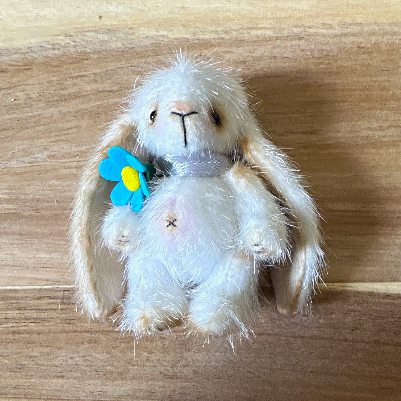 Mini Handmade mohair Rabbit Bunny, White/Beige w/ Blue Flower, Easter