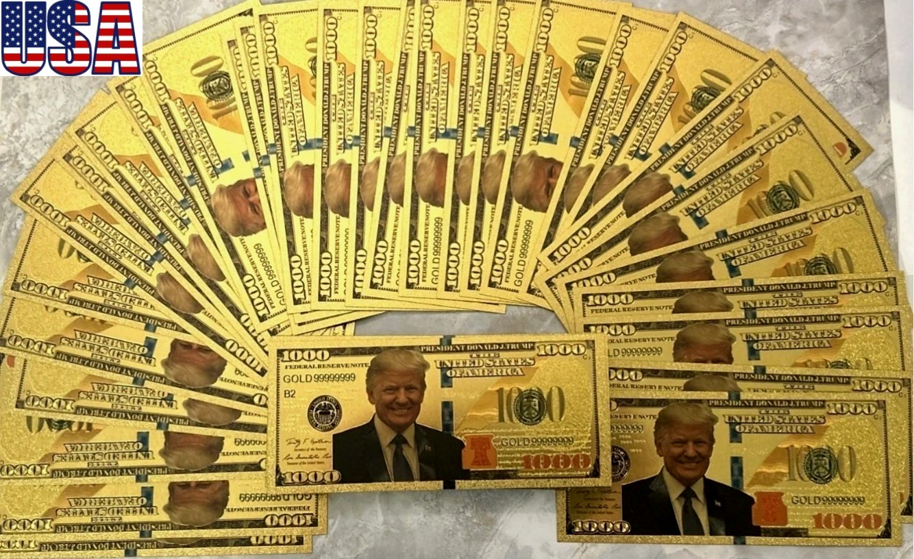 100 PC LOT-24K GOLD Plated Foil Novelty Banknotes TRUMP $1000 MAGA