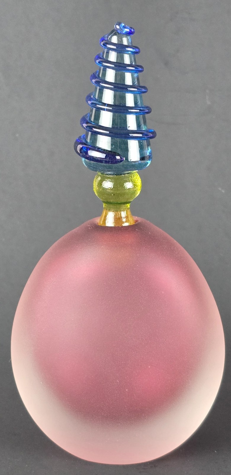 Signed MYSTERY ARTIST Studio Art Glass Frosted Pink w Spiral Stop Perfume Bottle