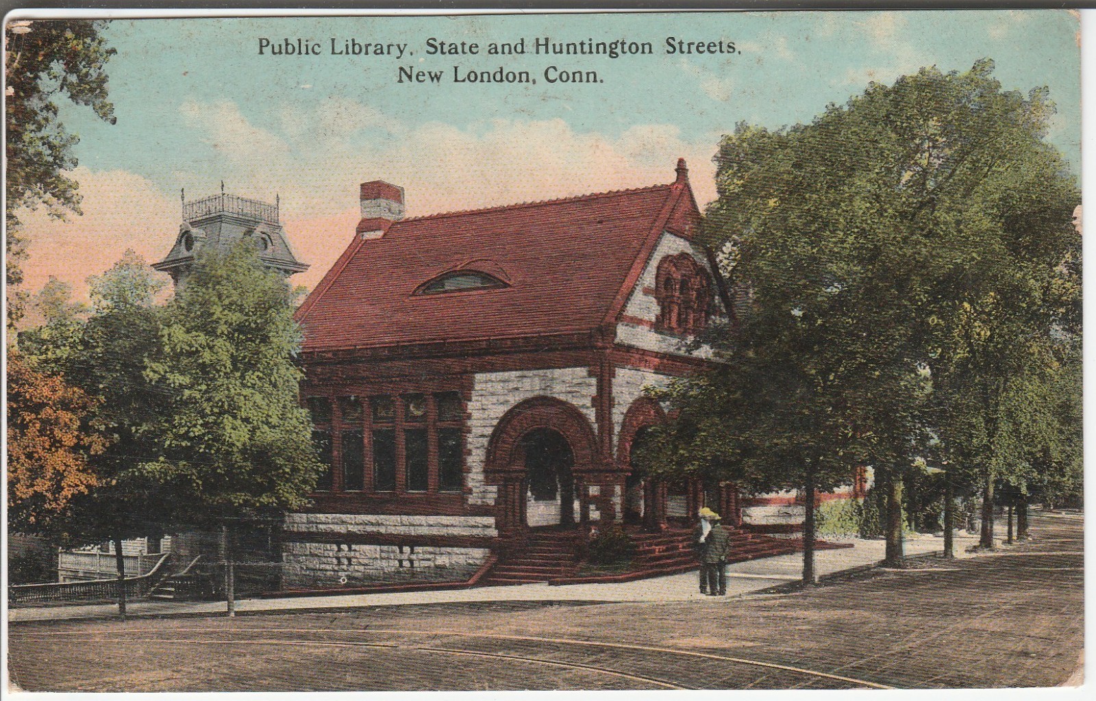 New London CT postcard - Public Library - State and Huntington Street - PM 1912