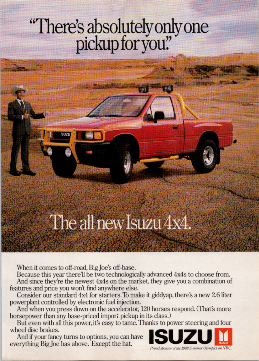 Isuzu 4x4 Pickup Truck Vintage Print Ad 1988 Big Joe Summer Olympics