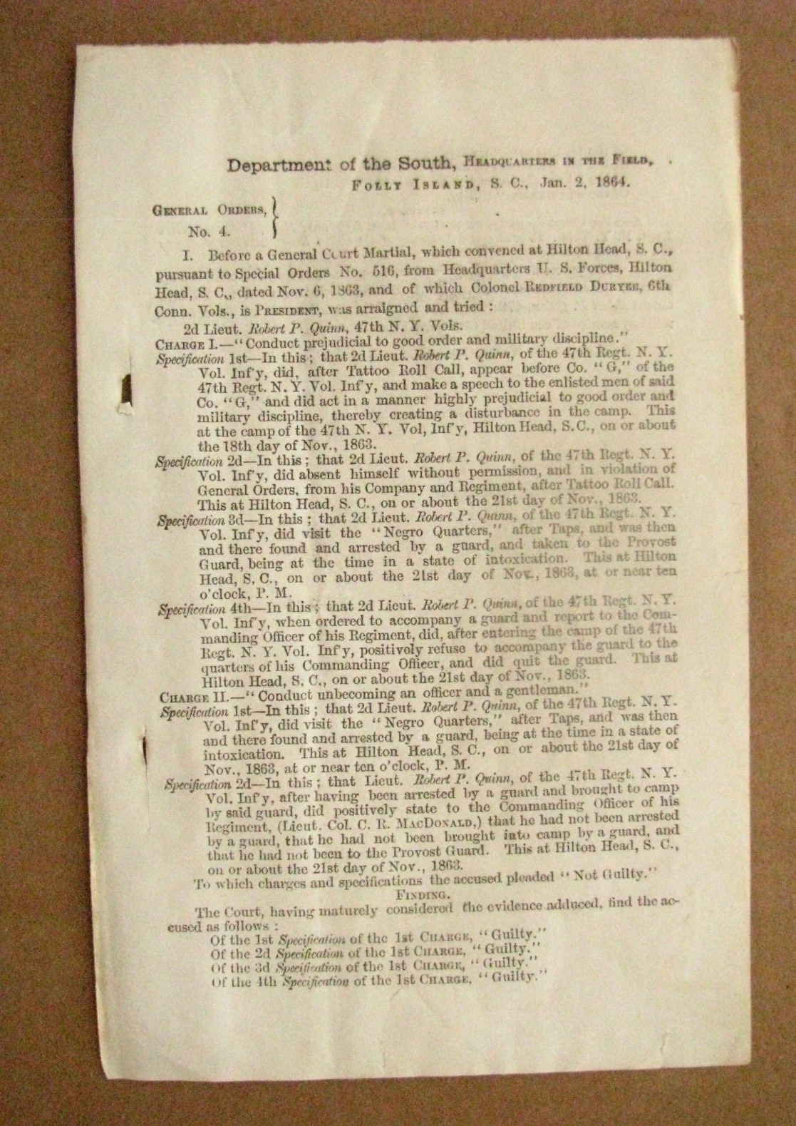 CIVIL WAR DRUNK OFFICER VISITS NEGRO QUARTERS HILTON HEAD SC 1864 COURTMARTIAL 