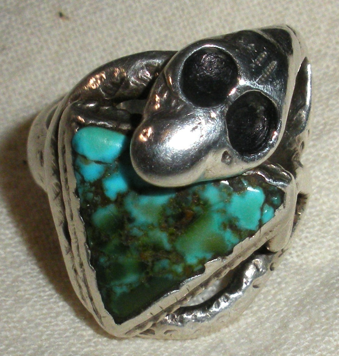 ANTIQUE EARLY NAVAJO COILED SNAKE TURQUOISE STERLING SILVER RING SIZE 8 3/4 vafo