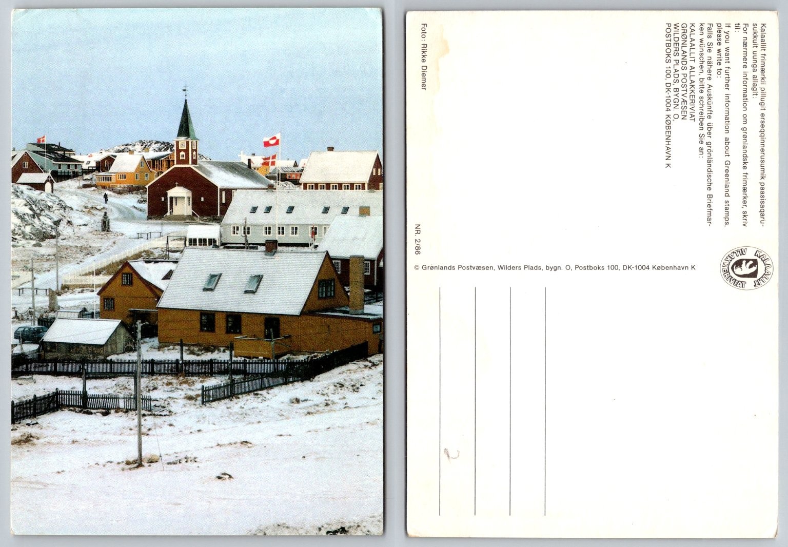 Vintage Greenland Postcard Winter Village Church Kalaallit Nunaat 1986 Photo