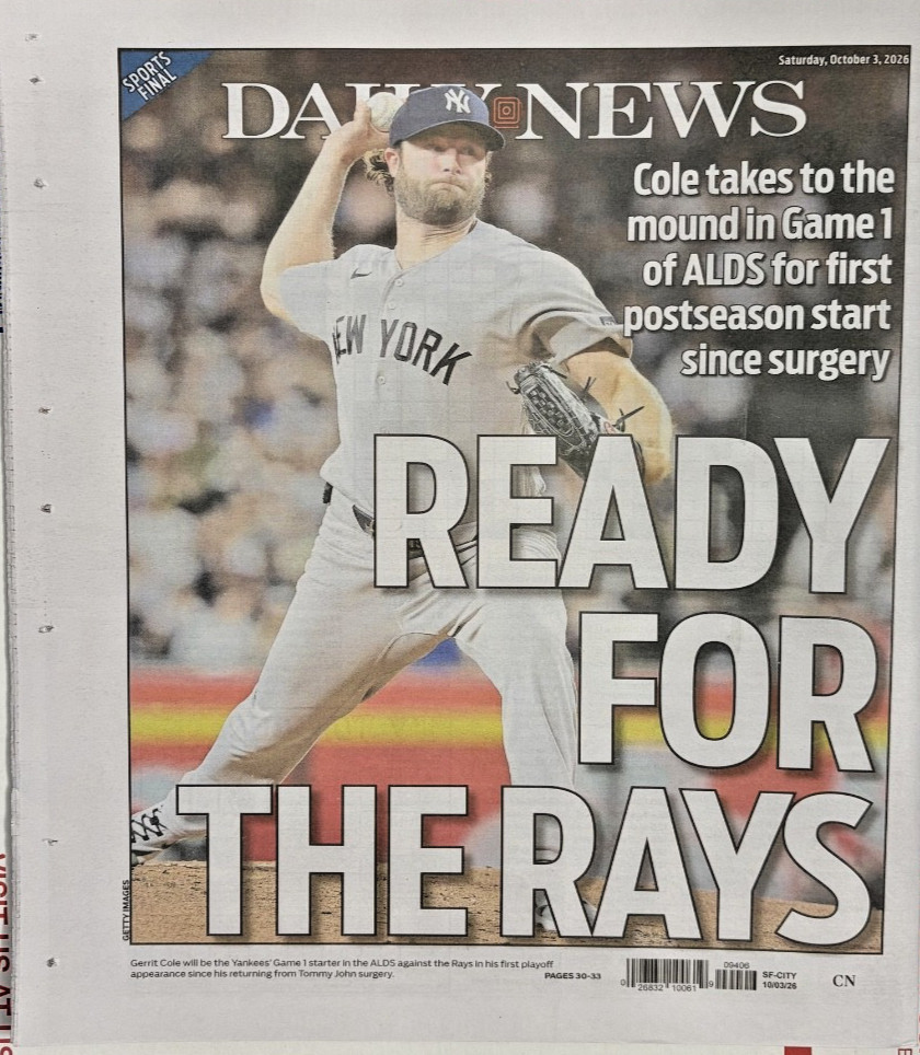 Gerrit Cole New York Yankees Tampa Bay Rays Game 1 ALDS NY Daily News 10/3/2026