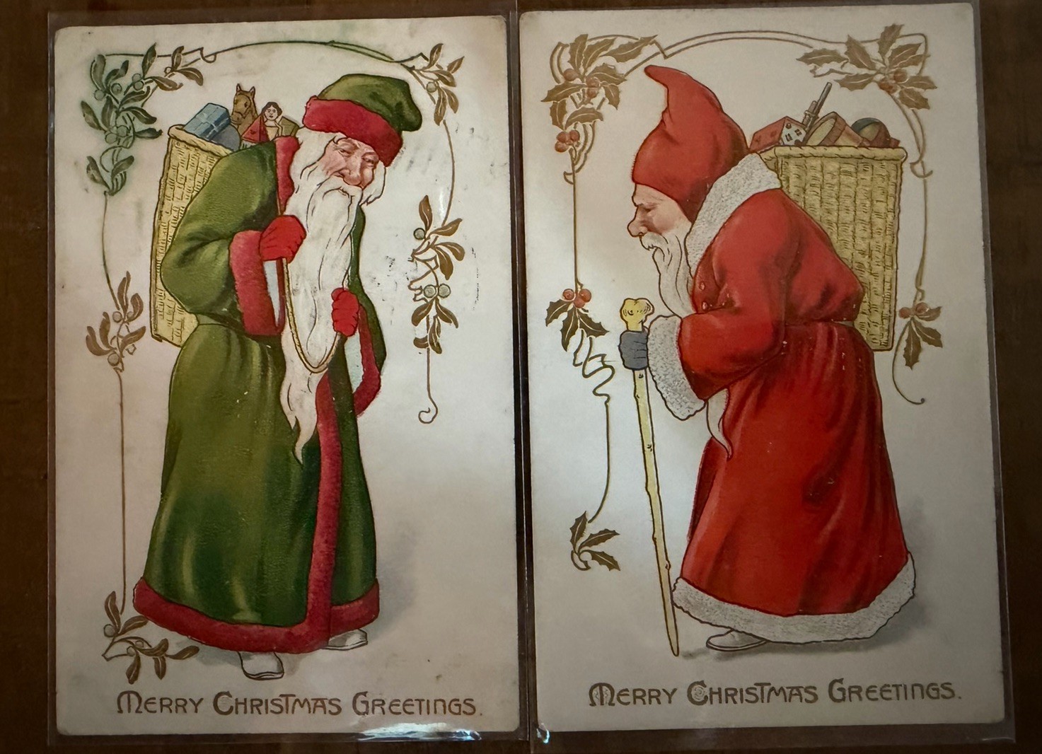 Lot of 2~Tuck Green & Red Robe Old World Santa Claus~Christmas Postcards~s494