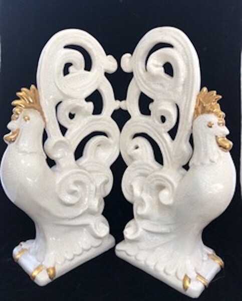 Rare 1930's Vintage Porcelain Roosters - Decorated with Gold Accents