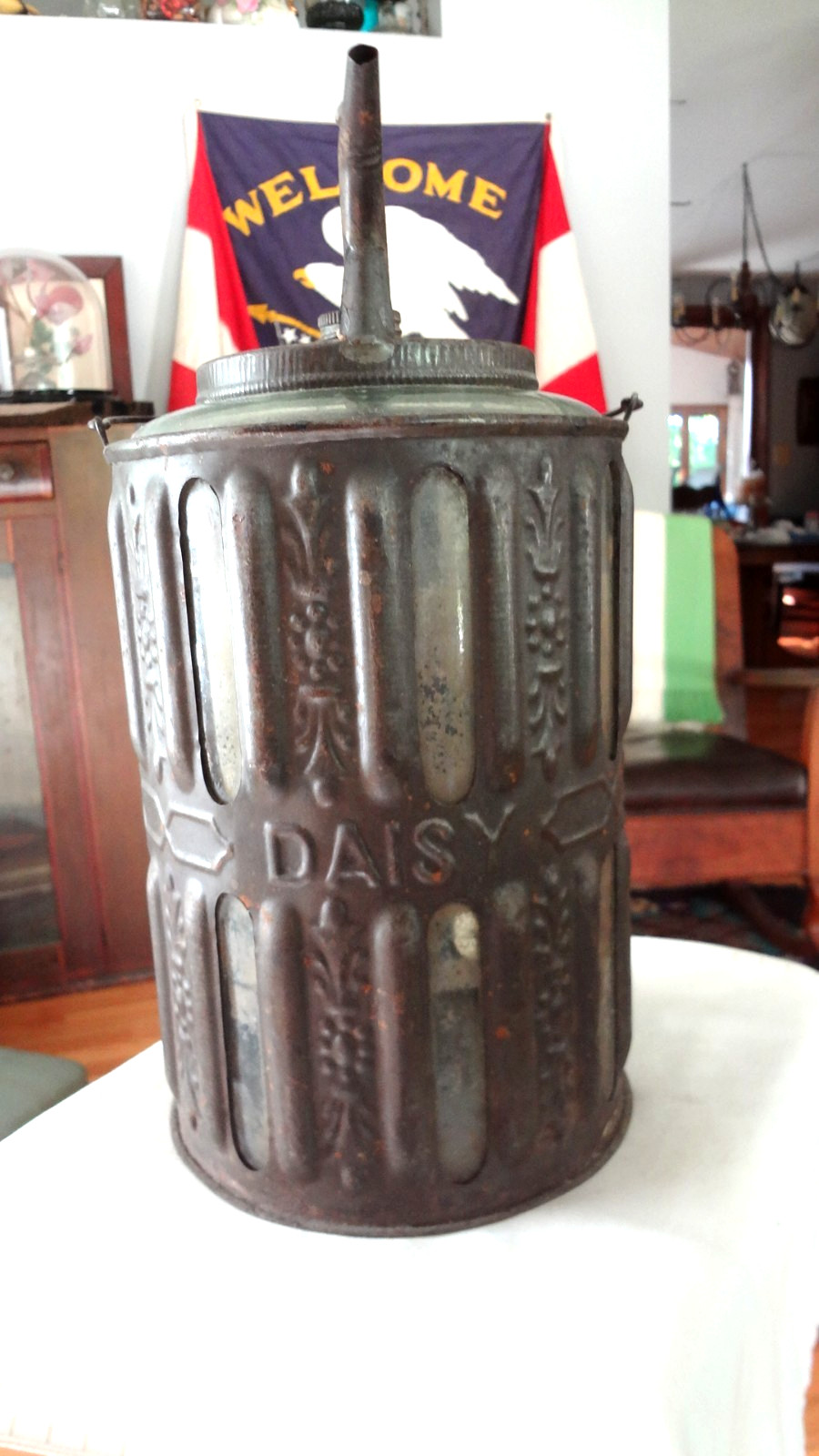 Antique 19th Century Daisy Glass Kerosene Oil Jar Can 1881