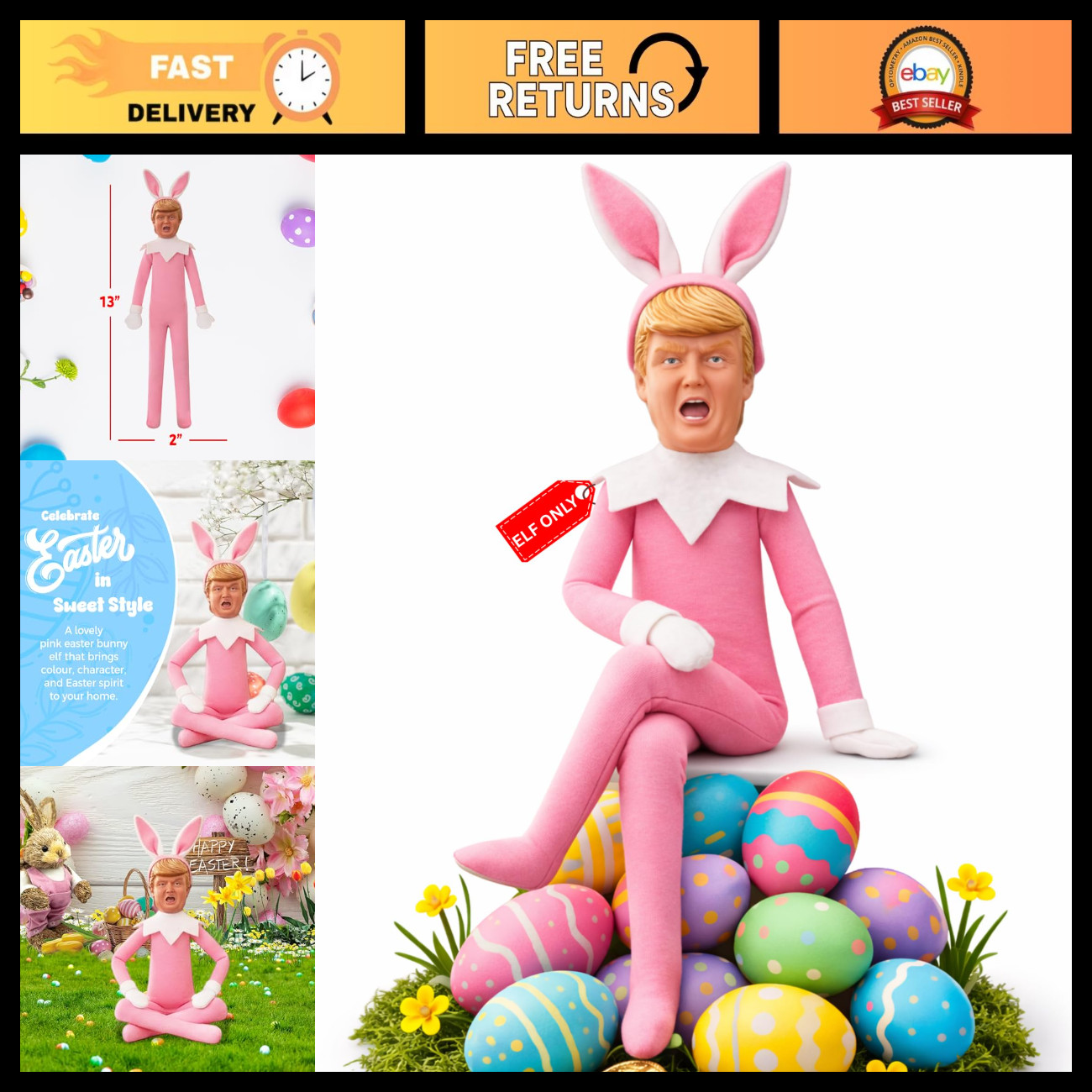 Light Pink Elf Easter Bunny Decoration - Bendable Poseable Ornament for Fun Fami