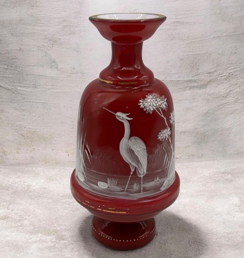 Antique Victorian 19c. Bohemian Art Glass Red Cased Hand Painted Vase