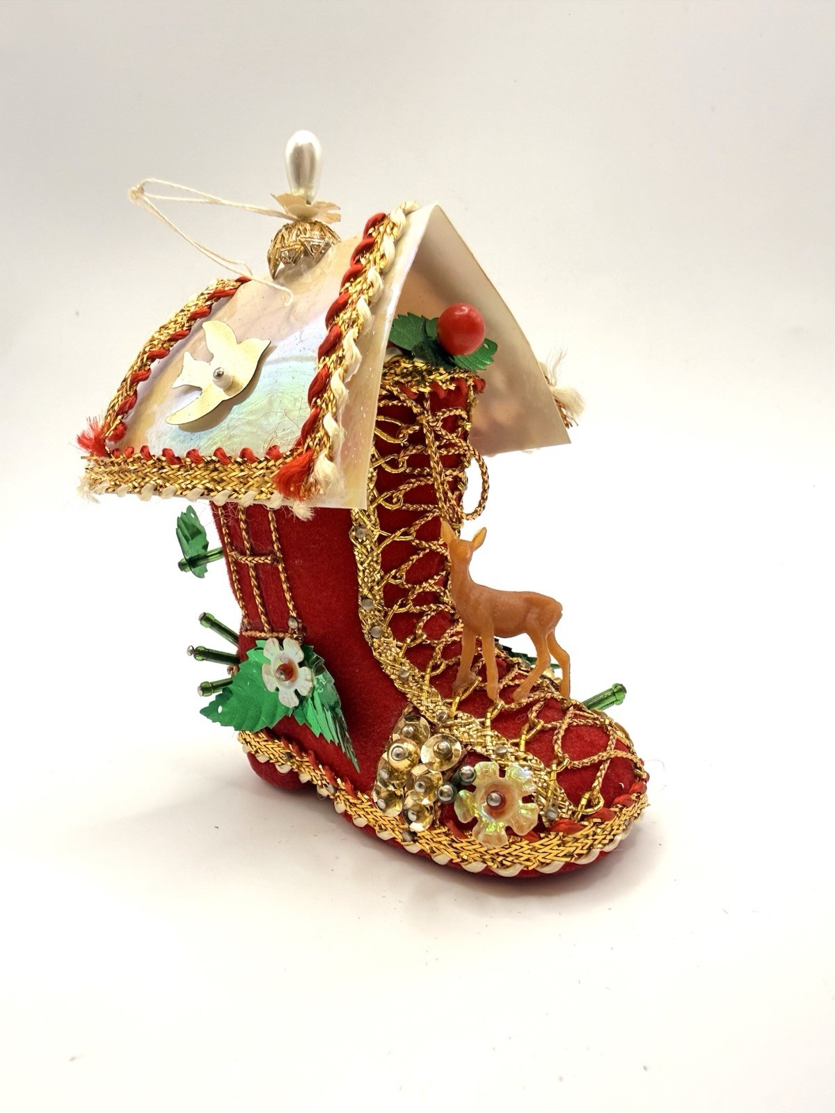 Vintage LeeWards Home Elves Sequin Beaded Push Pin Foil Christmas Ornament