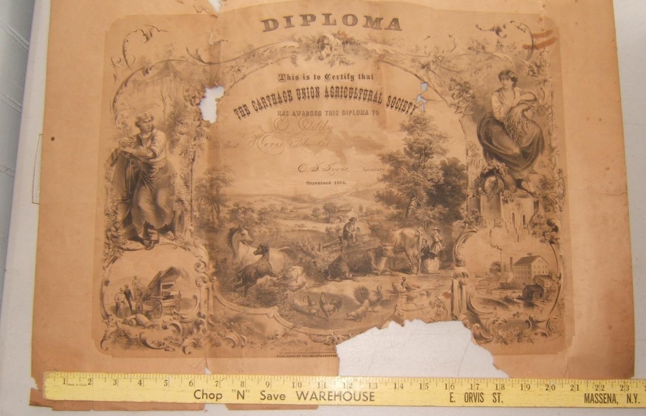 ANTIQUE 1875 CARTHAGE, NY UNION AGRICULTURE SOCIETY DIPLOMA GREAT ILLUSTRATIONS