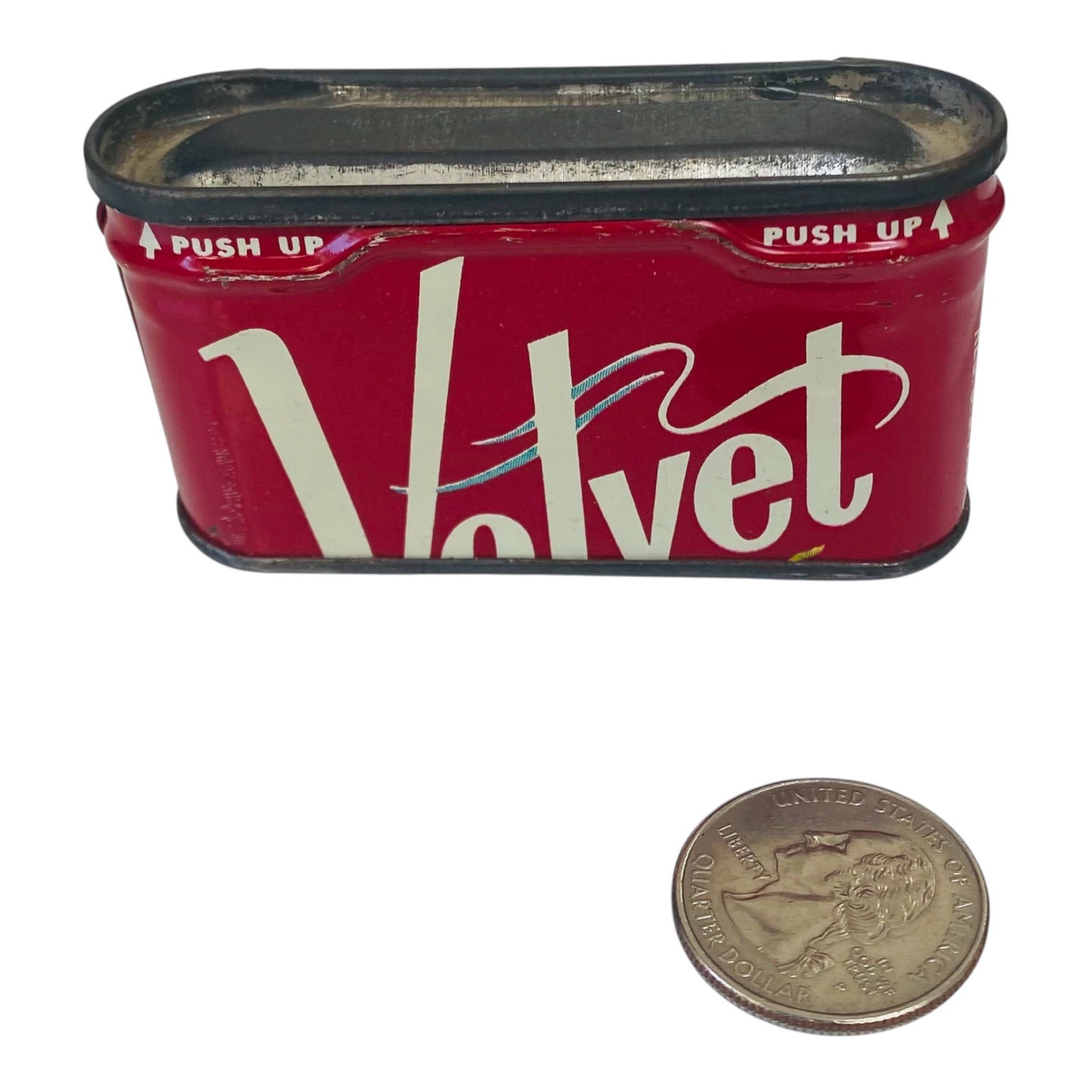 Antique America\'s Velvet Half Pipe Tobacco Tin Match Safe Empty Pocket Size Tin