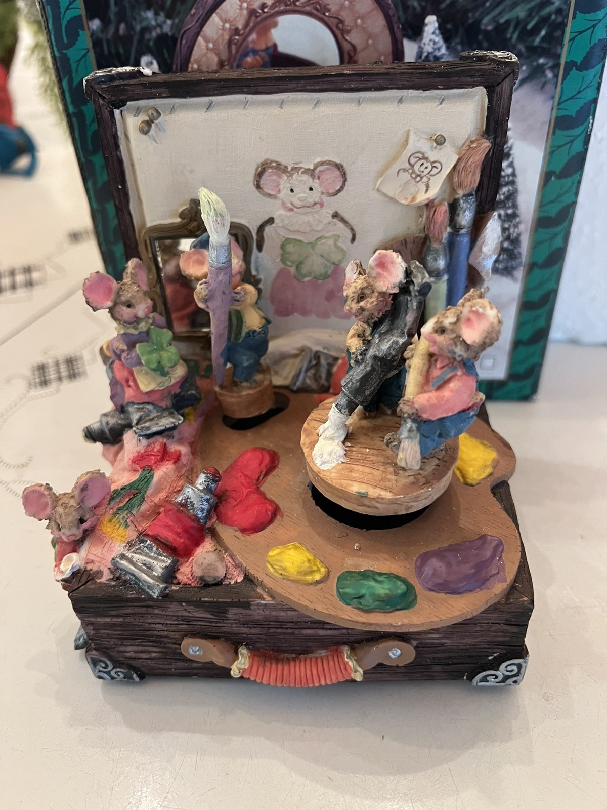 Rare Vintage Enesco Multi Action Music Box  Painting Art Mice Plays 