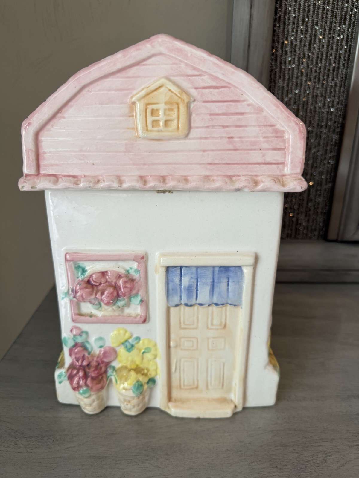 Vintage House Shaped Cookie Jar Canister resembles Lenox Village Pink Roof Flowe