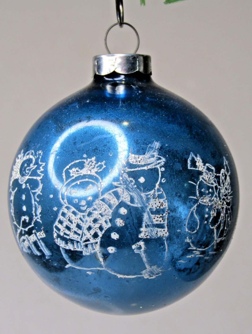 VTG Pre WWII Glass Pictured Mrs Ms SNOWMAN BALL Christmas Ornament Corning BLUE