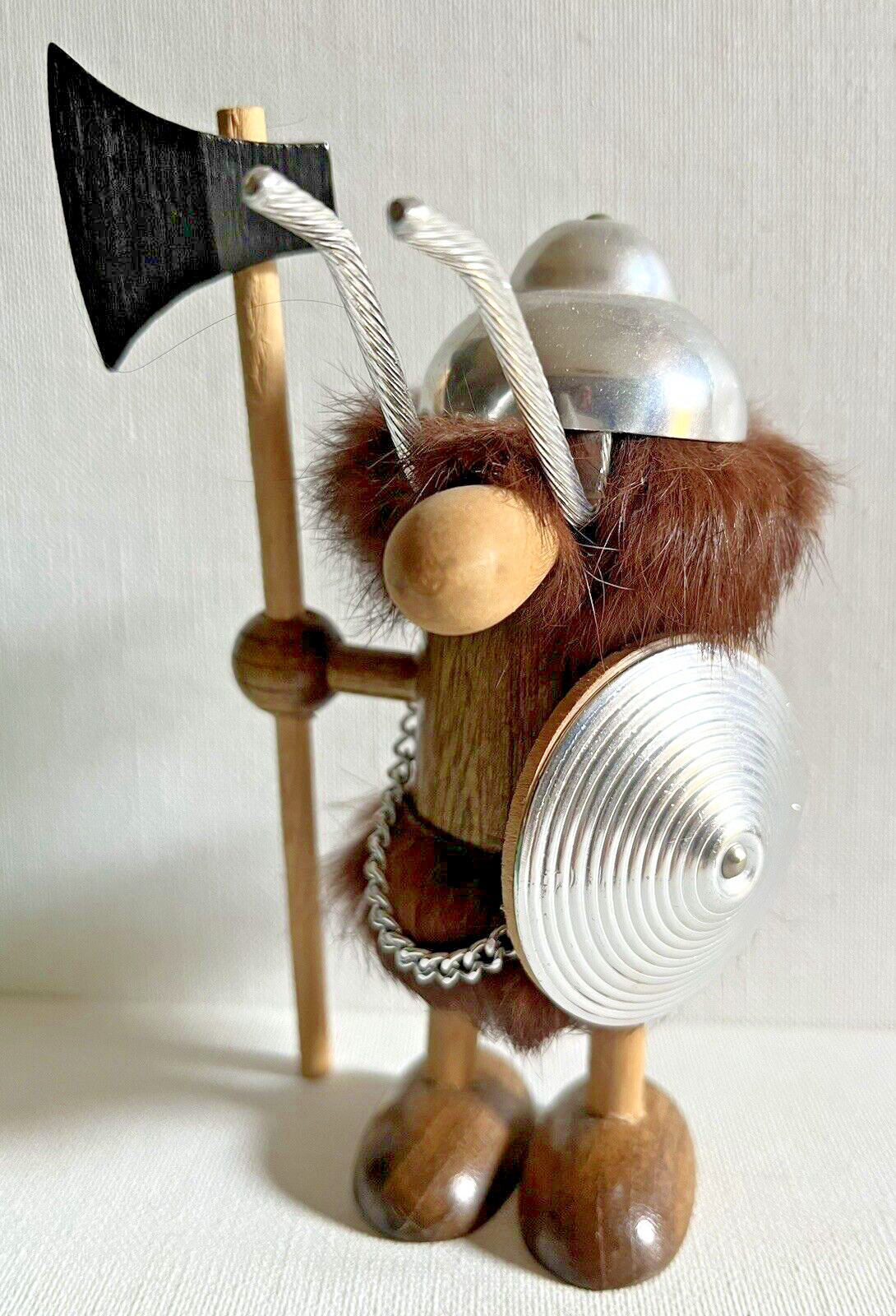 Vintage Wood Viking Warrior Figurine Wood Doll Axe Metal Shield Fur Man Cave EUC