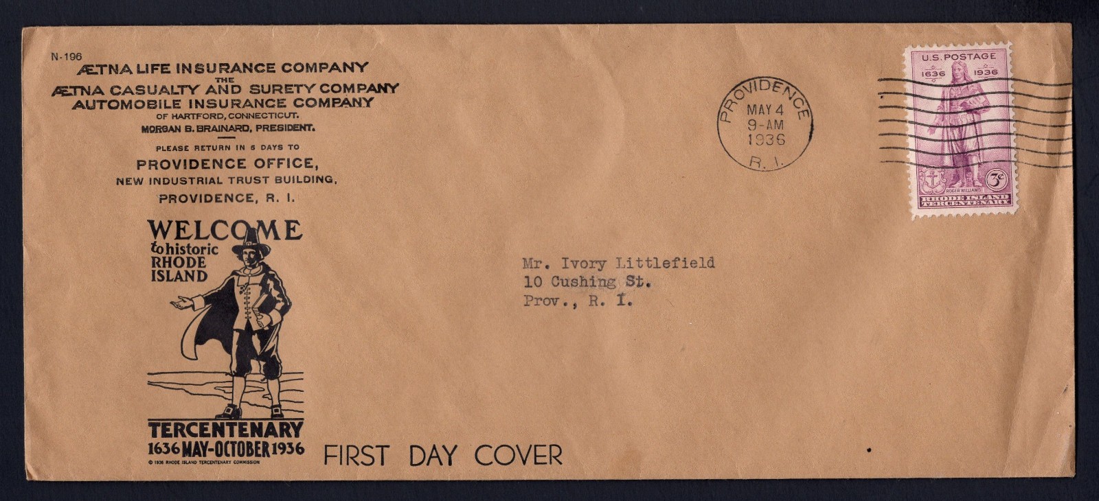 1936 Rhode Island Tercentenary FDC Aetna Insurance Advertising Letter 1936 Rhode Island Tercentenary FDC Aetna Insurance Advertising Letter