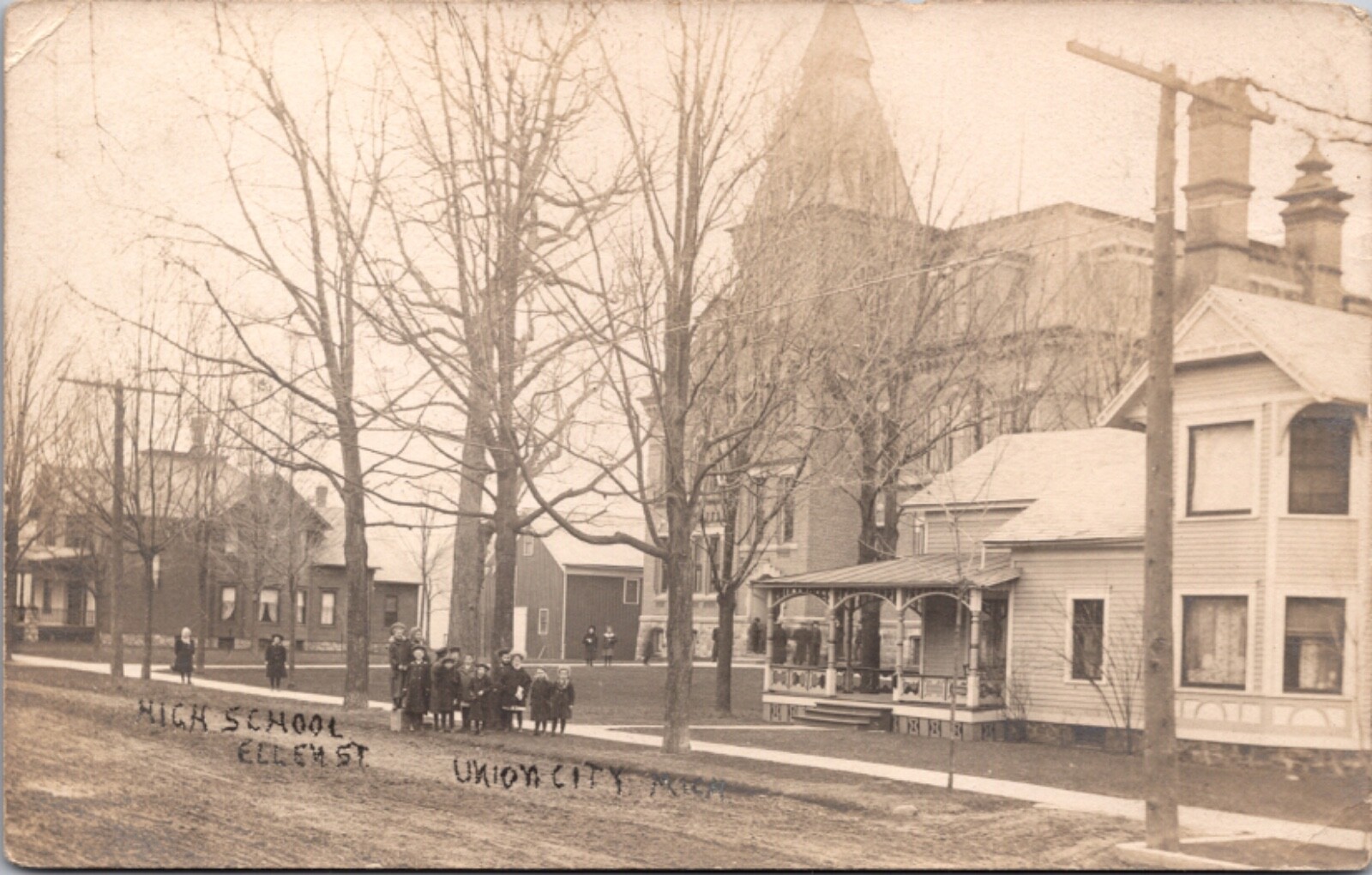 Real Photo Postcard High School on Ellen Street in Union City, Michigan