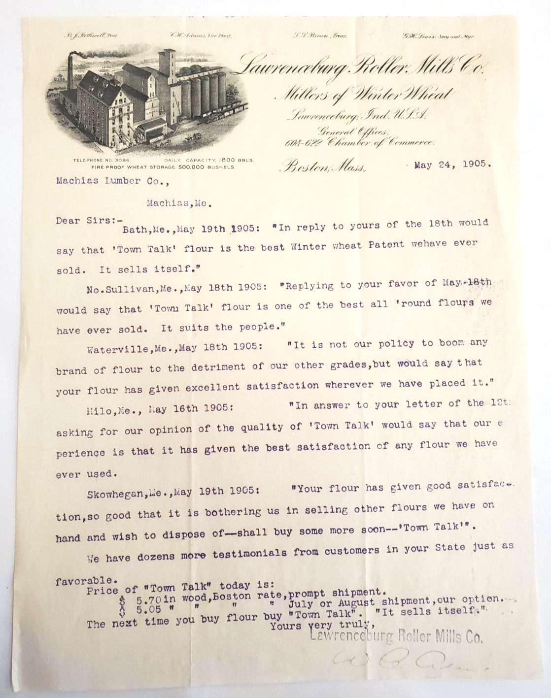 1905, Lawrenceburg (Indiana) Roller Mills Co., Boston, MA, Machias MO Lumber Co