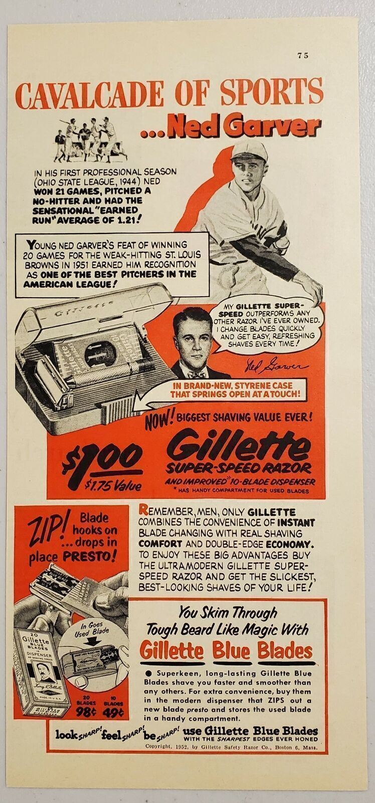 1952 Print Ad Gillette Razor Blades Ned Garver Baseball St Louis Browns