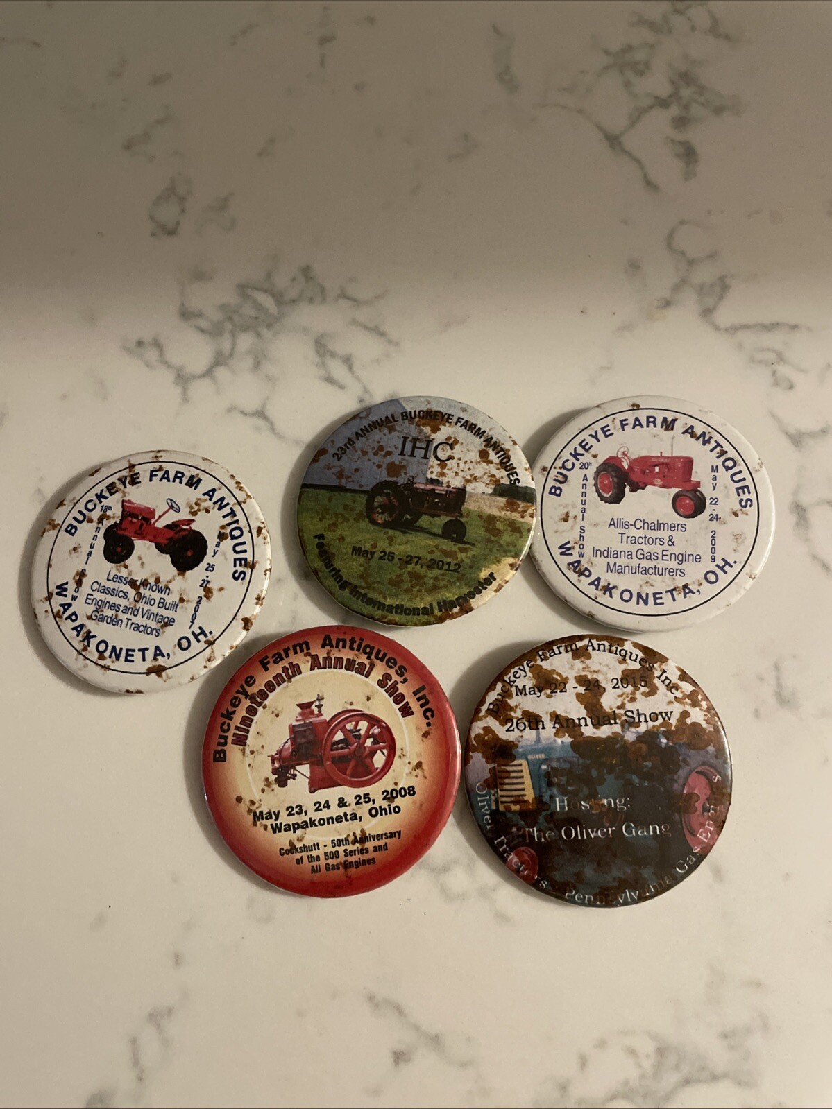 5 Different Buckeye Farm Antiques Past Pinback Buttons