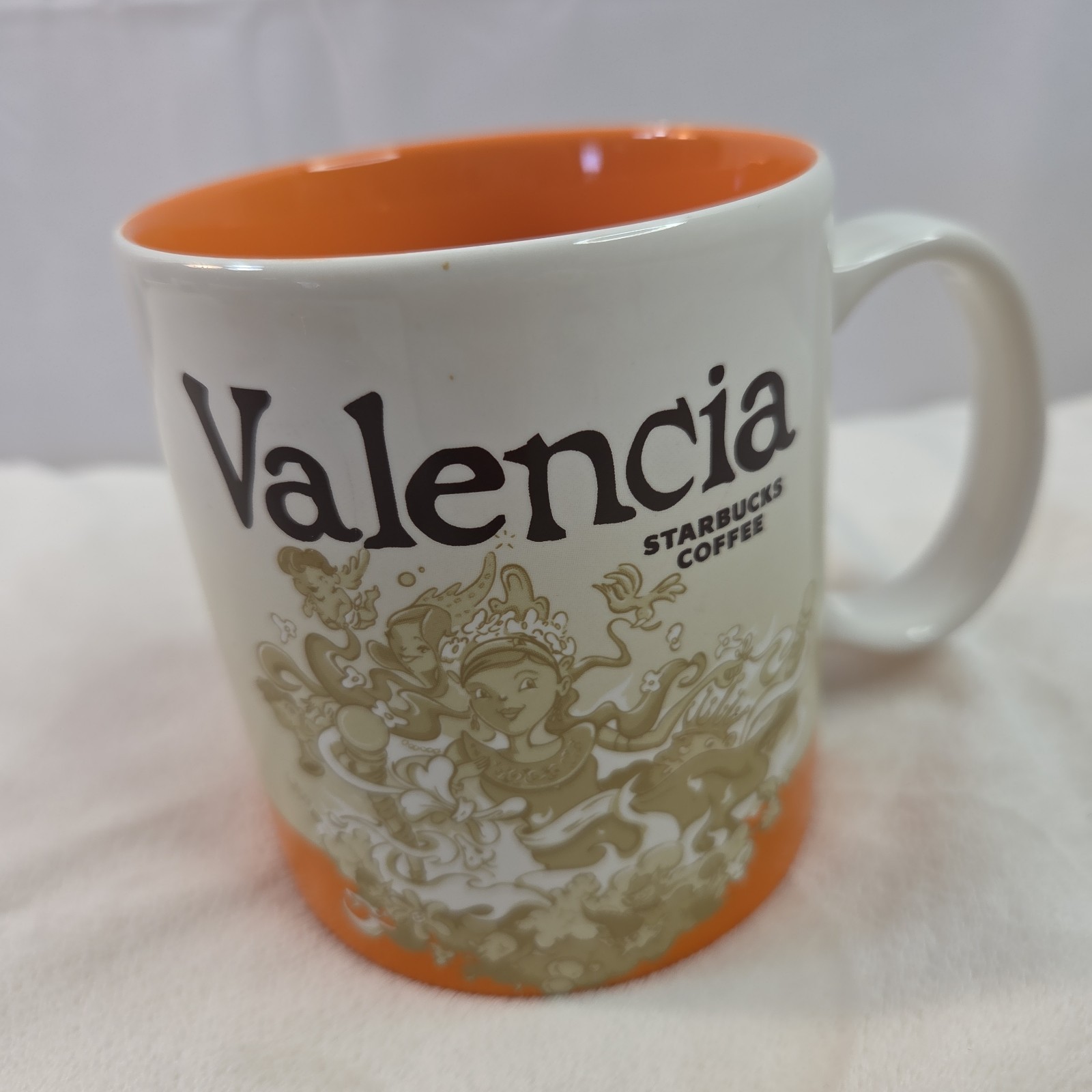 STARBUCKS Coffee VALENCIA Mug 16 oz Global Icon Series Tan & Orange