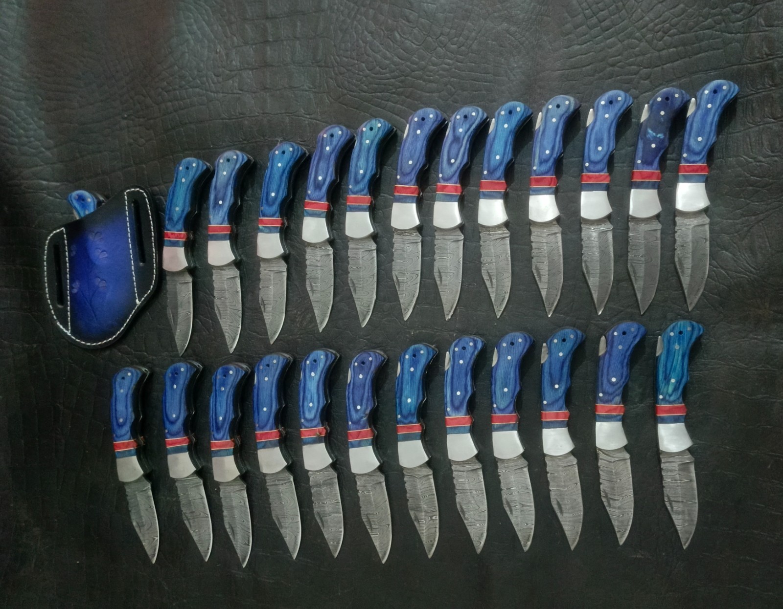 Lot of 25 PCS Damascus Steel Folding Pocket Knife Colored Wood Handle