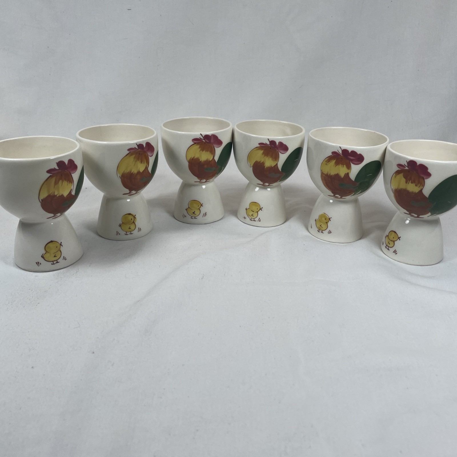 Six (6) MCM VTG Hand Painted Double Egg Cups Chicken Rooster Cottagecore