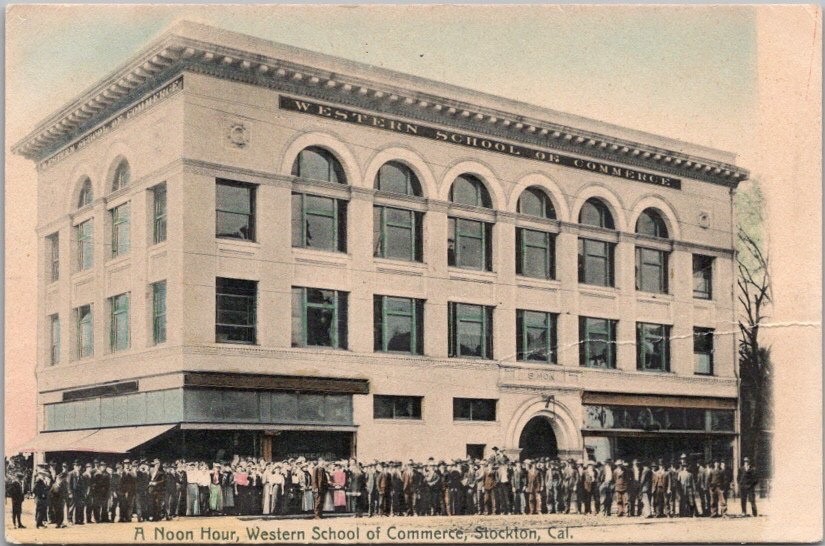 c1910s STOCKTON CA Hand-Colored Postcard WESTERN SCHOOL OF COMMERCE Street View