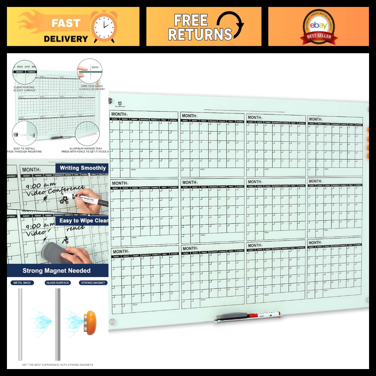 48x36 Glass Calendar Whiteboard - Large Wall Yearly Planner, Dry Erase Board