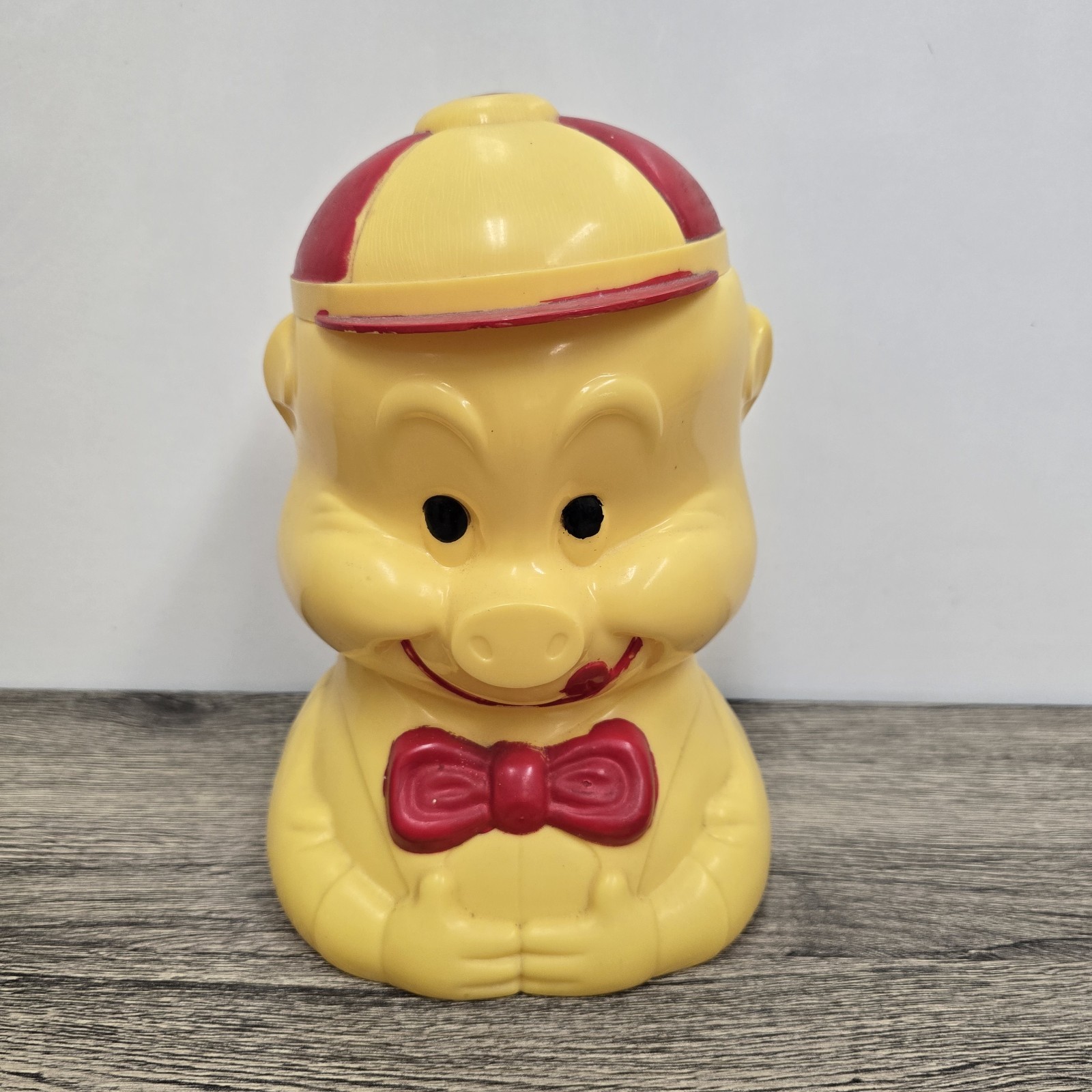 Vintage 1950's Celluloid Kitsch Pig Cookie Jar, Yellow w/ Red Hat And Tie Lid