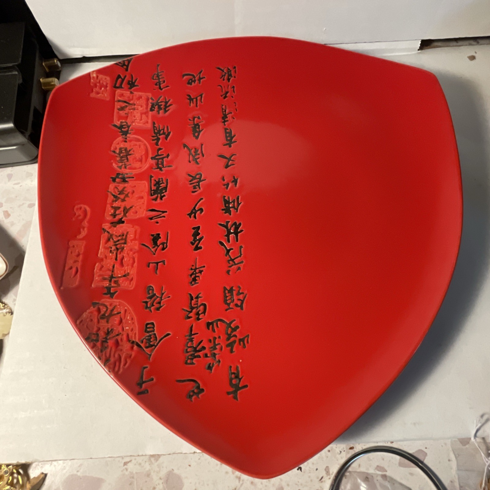 Vtg Baum Bros Style Eyes Chinese Seal Red Triangular Plate 11 Calligraphy Script