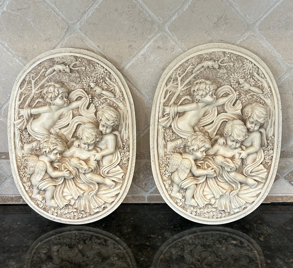 Set 2 Vtg Cherub Putti Wall Plaques Oval Relief Resin Ivory Woodland Angel Art