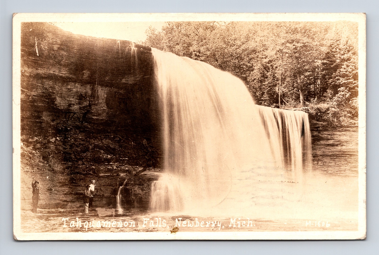 c1930 RPPC Scenic View of Men Under Tahquamenon Falls Newberry MI Postcard