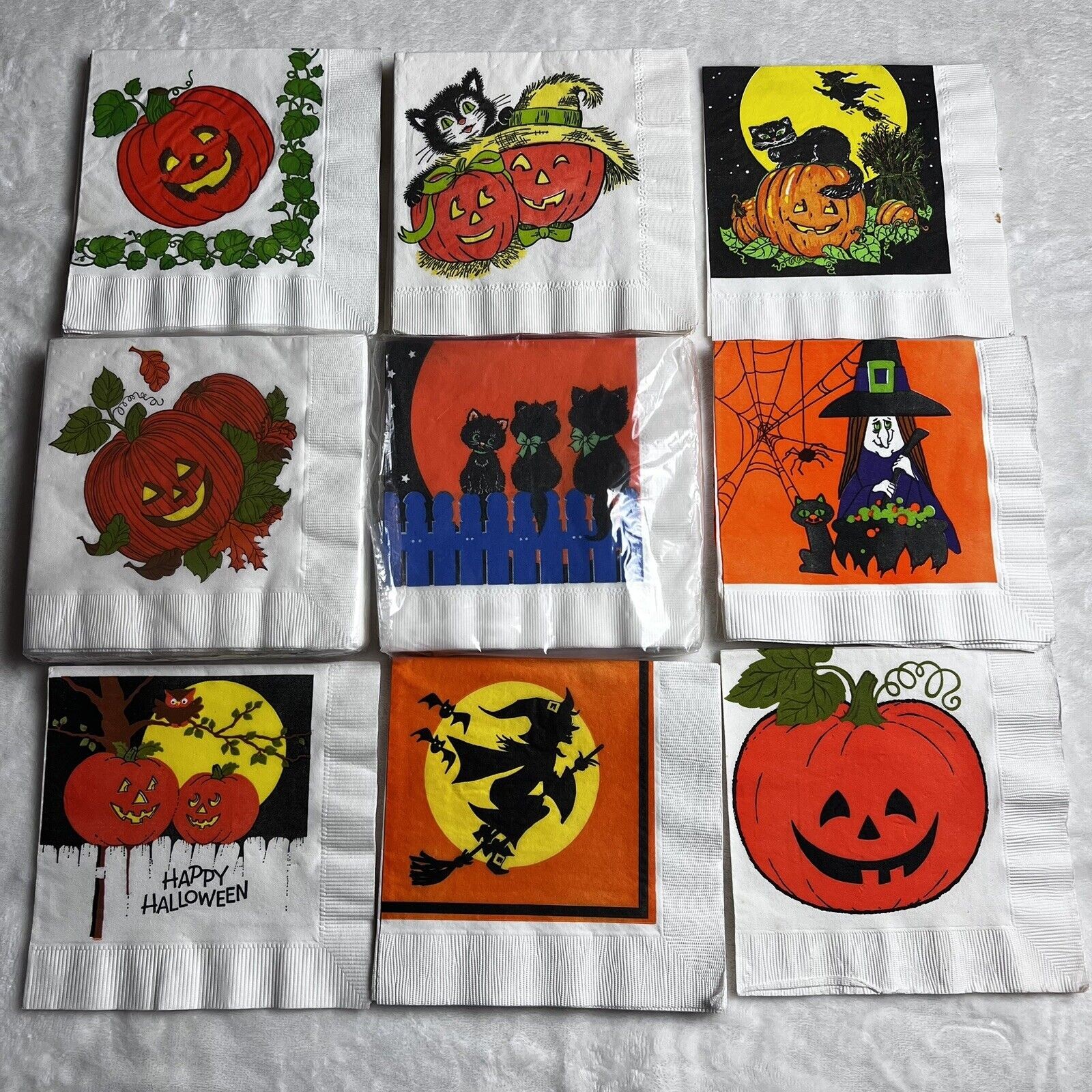 Lot of 61 Vintage 80s Halloween Party Napkins Black Cat Jack O Lantern witch