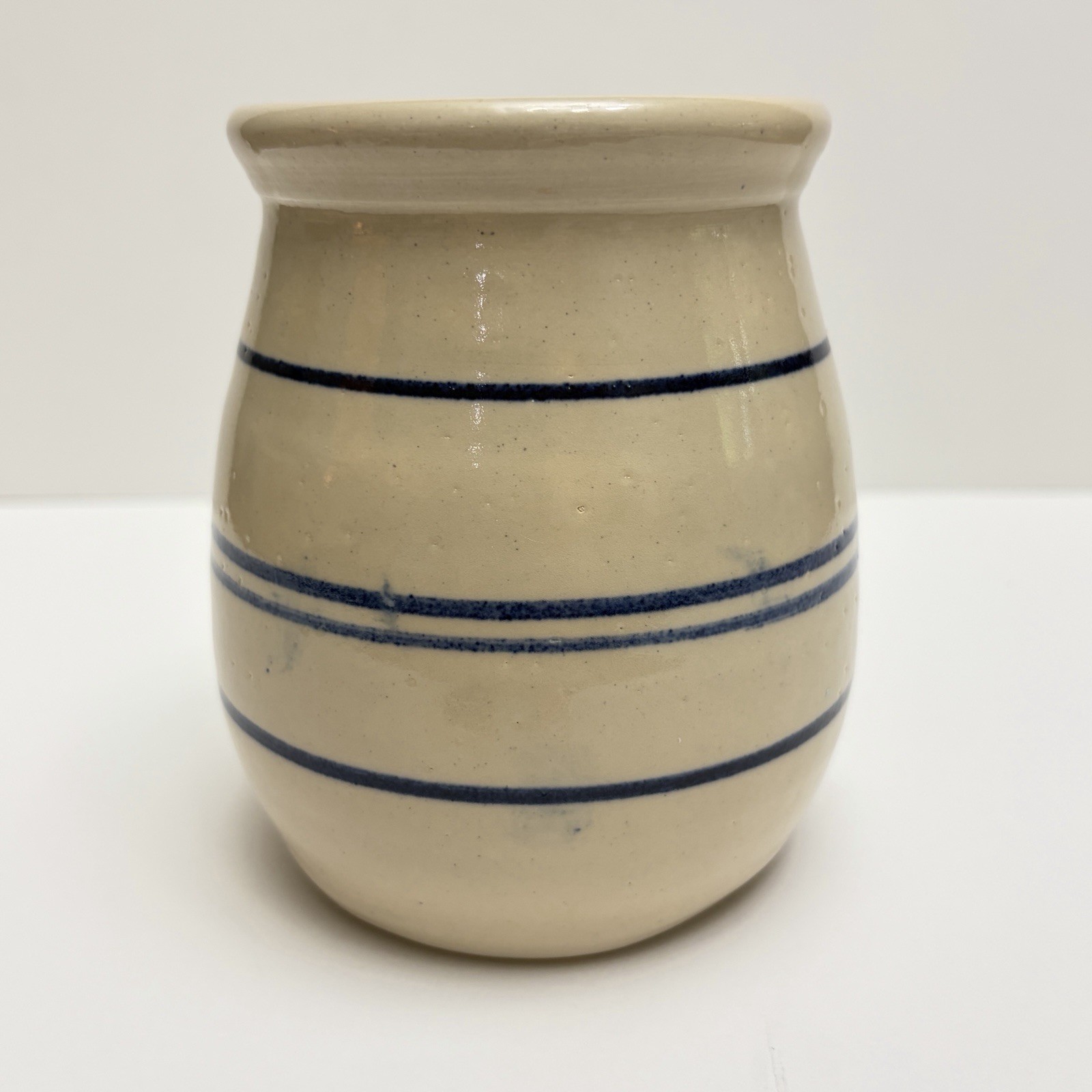 Vtg Marshall Pottery Crock 5” Blue Stripes Cottagecore Kitchen Farmhouse Signed