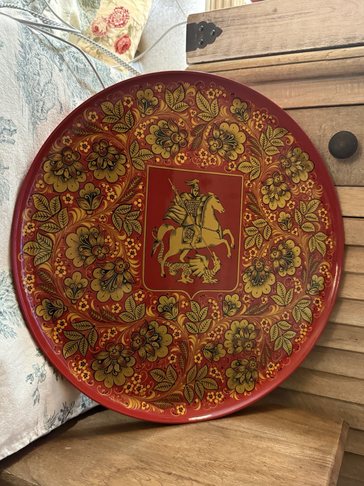 VTG Russian Wooden Lacquer Hanging Plate George And Dragon Red Gold 15.75 In
