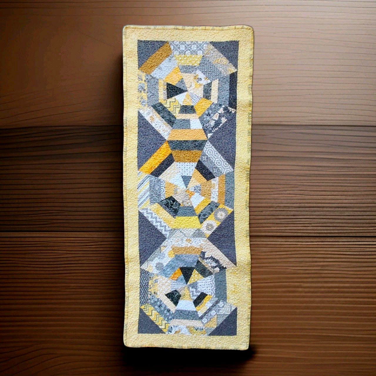 VTG Handmade Quilted Table Runner Geometric Patchwork Kaleidoscope Yellow Gray C