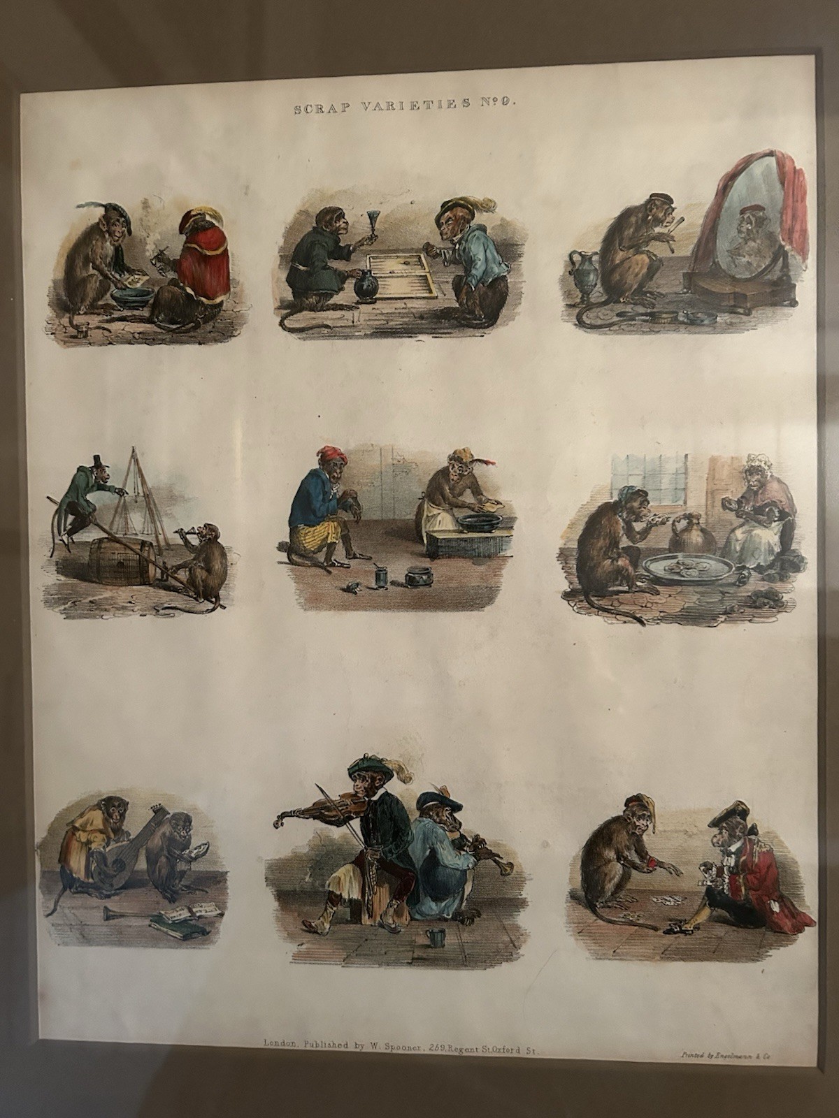 Antique Hand-colored Lithograph of Anthropomorphic Monkeys Published In 1830