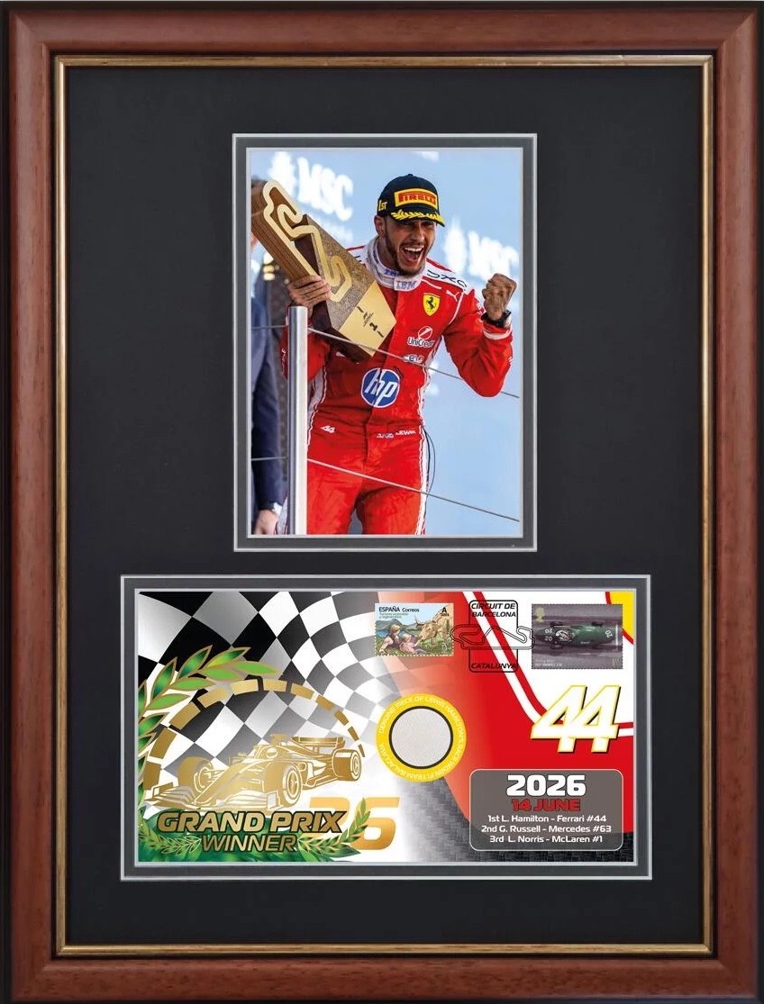 Lewis Hamilton F1 2018 Race Worn Relic Spanish GP Ferrari Framed '26 Victory FDC