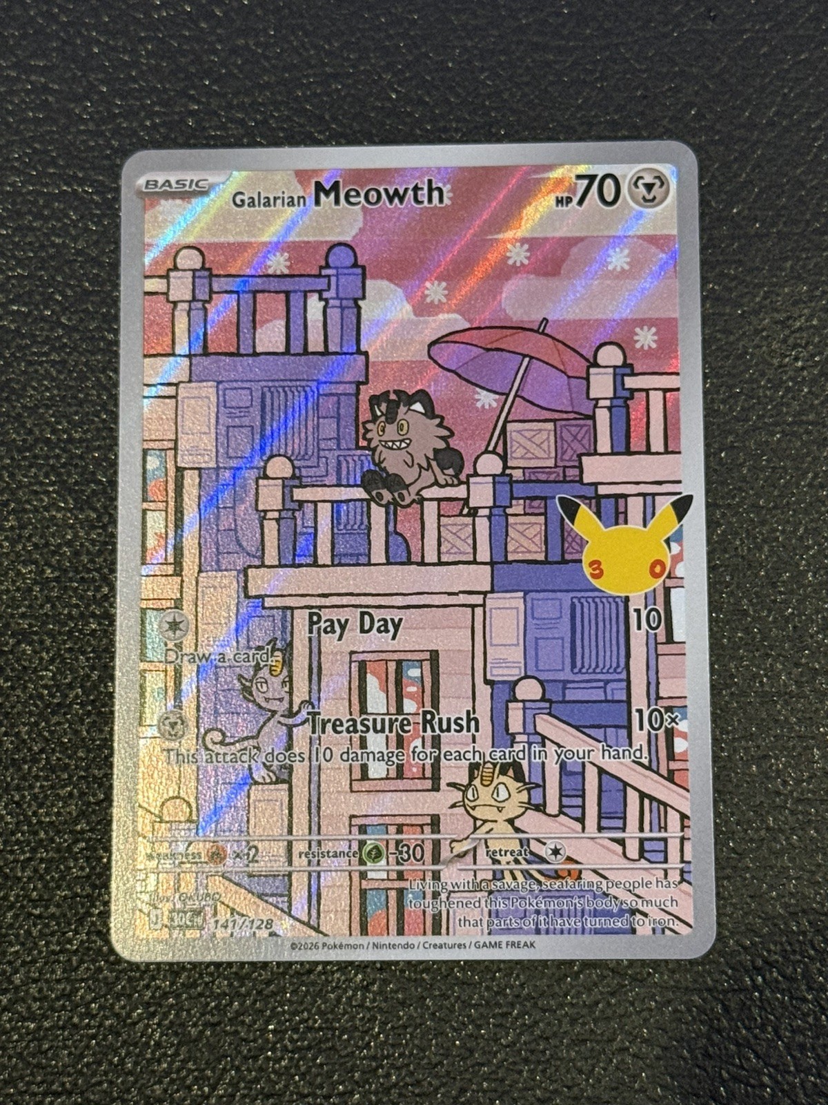 Pokémon TCG Galarian Meowth 141/128 30th Anniversary OKUBO English (NM)