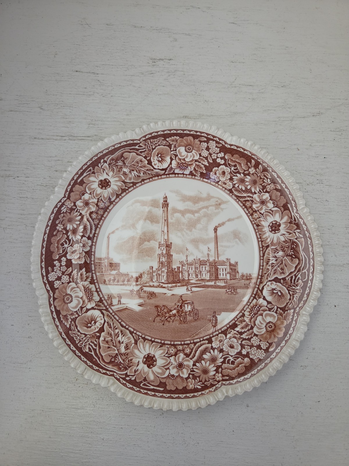 VTG ROYAL CAULDON HISTORICAL Transferware PLATE Chicago Water Works & Tower 1871