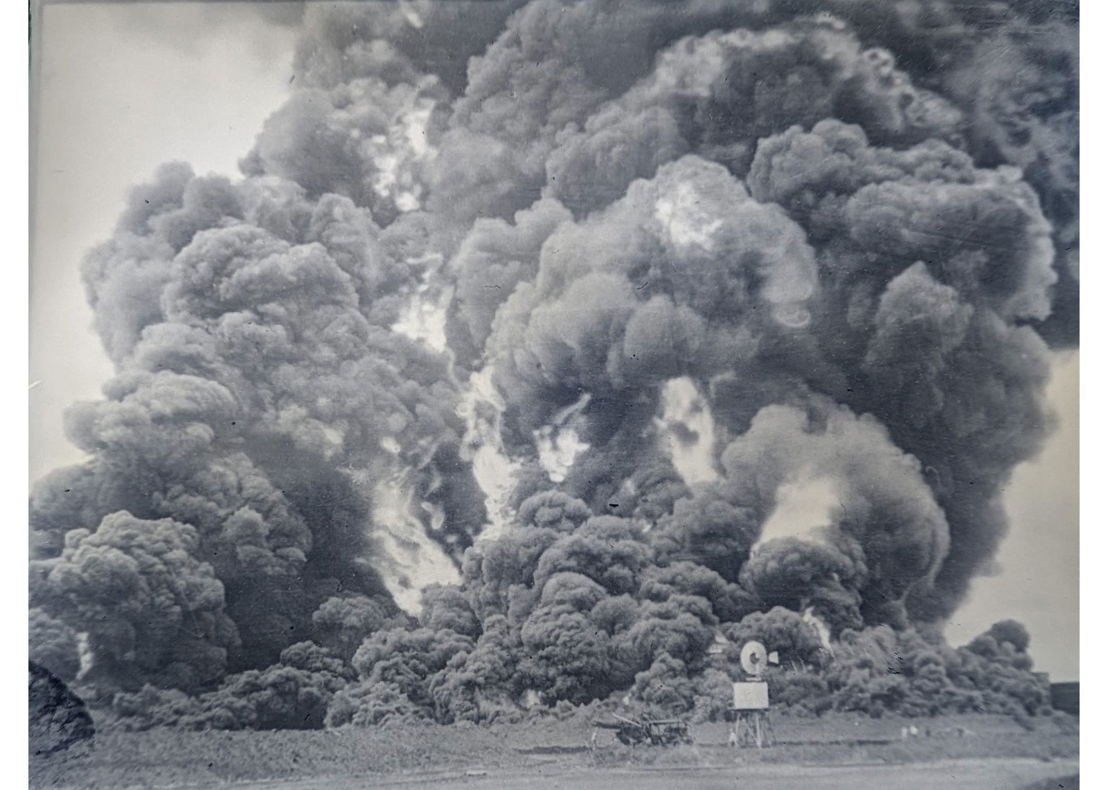 1928 Texas Oil Field Fire Inferno Derrick Windmill Original Press Glass Negative